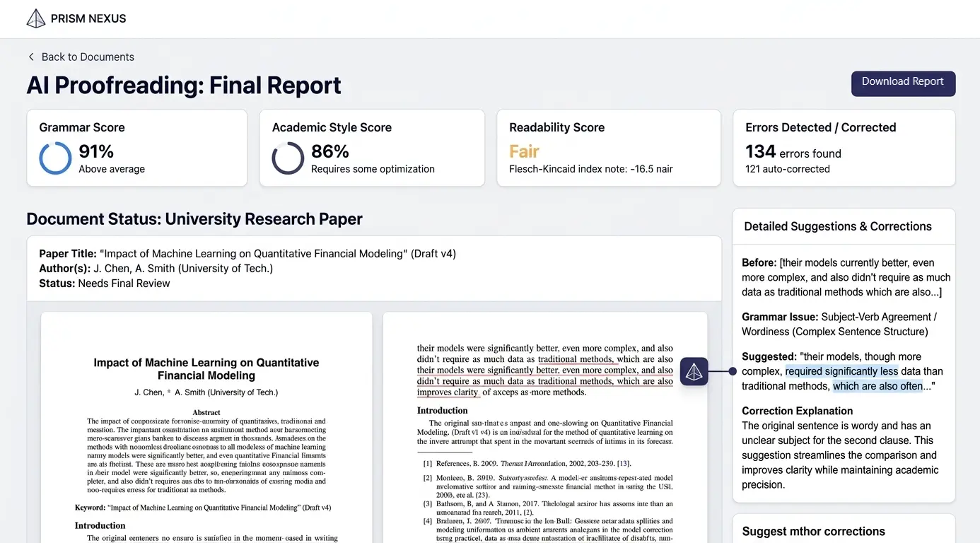 Prism Nexus AI Proofreading report preview